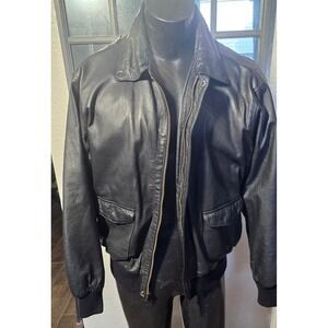 Burks Bay Mens Black Lambskin Leather Bomber Jacket Aviator Flight Coat L
